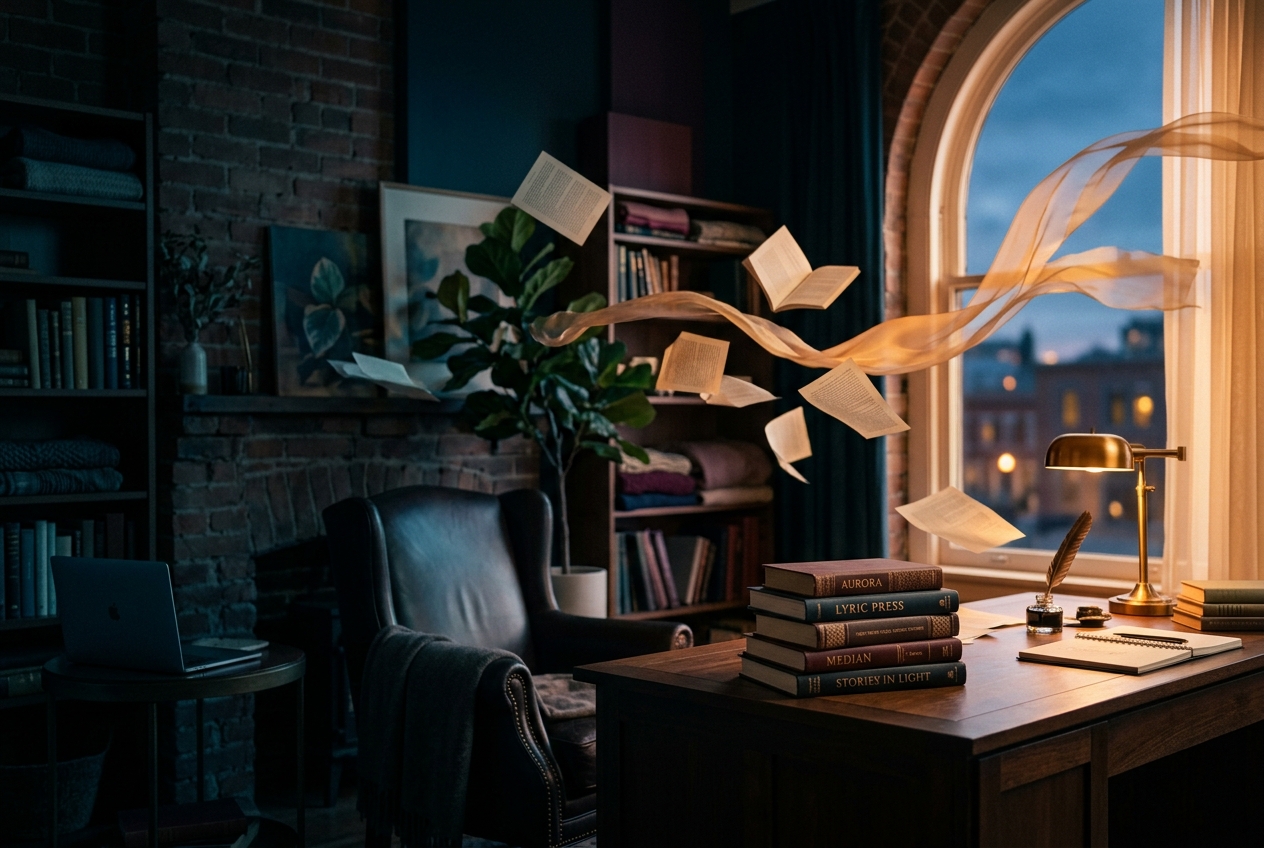 An atmospheric creative studio at dusk with flowing wind-like ribbons, floating book pages and warm golden light