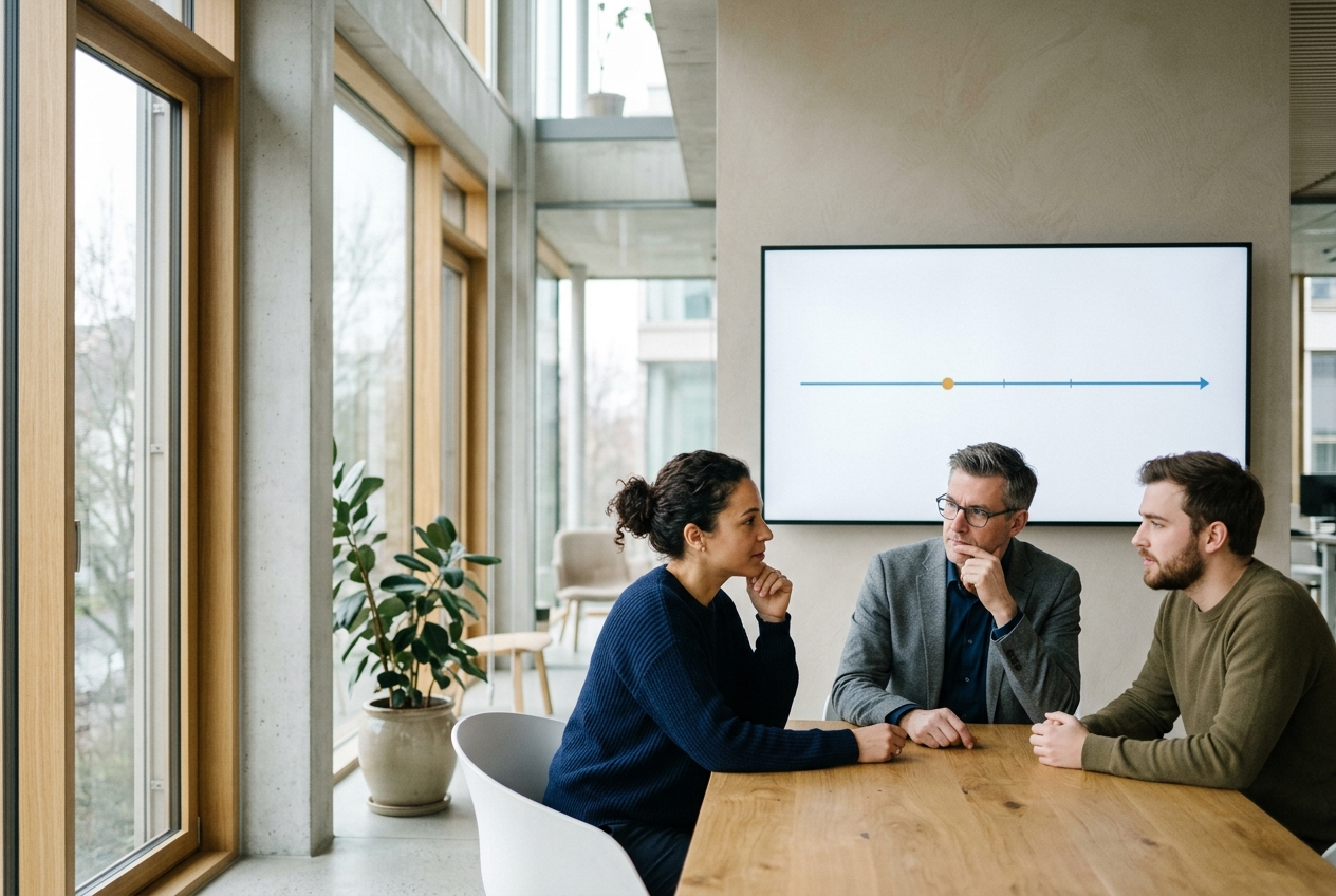 Professionelles Team bespricht eine entstehende öffentliche Informationslage in einer modernen Kommunikationsumgebung
