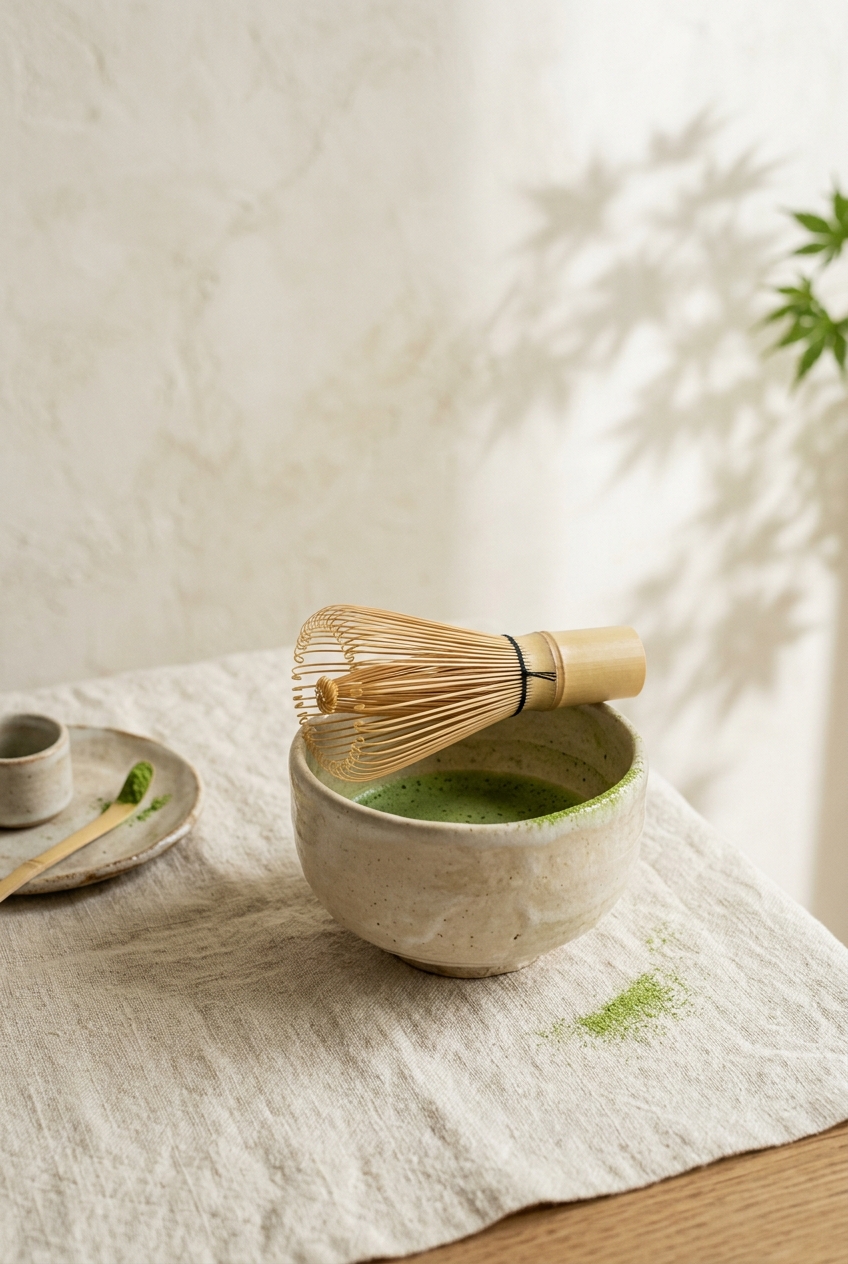 A bamboo chasen whisk resting on a pale matcha bowl