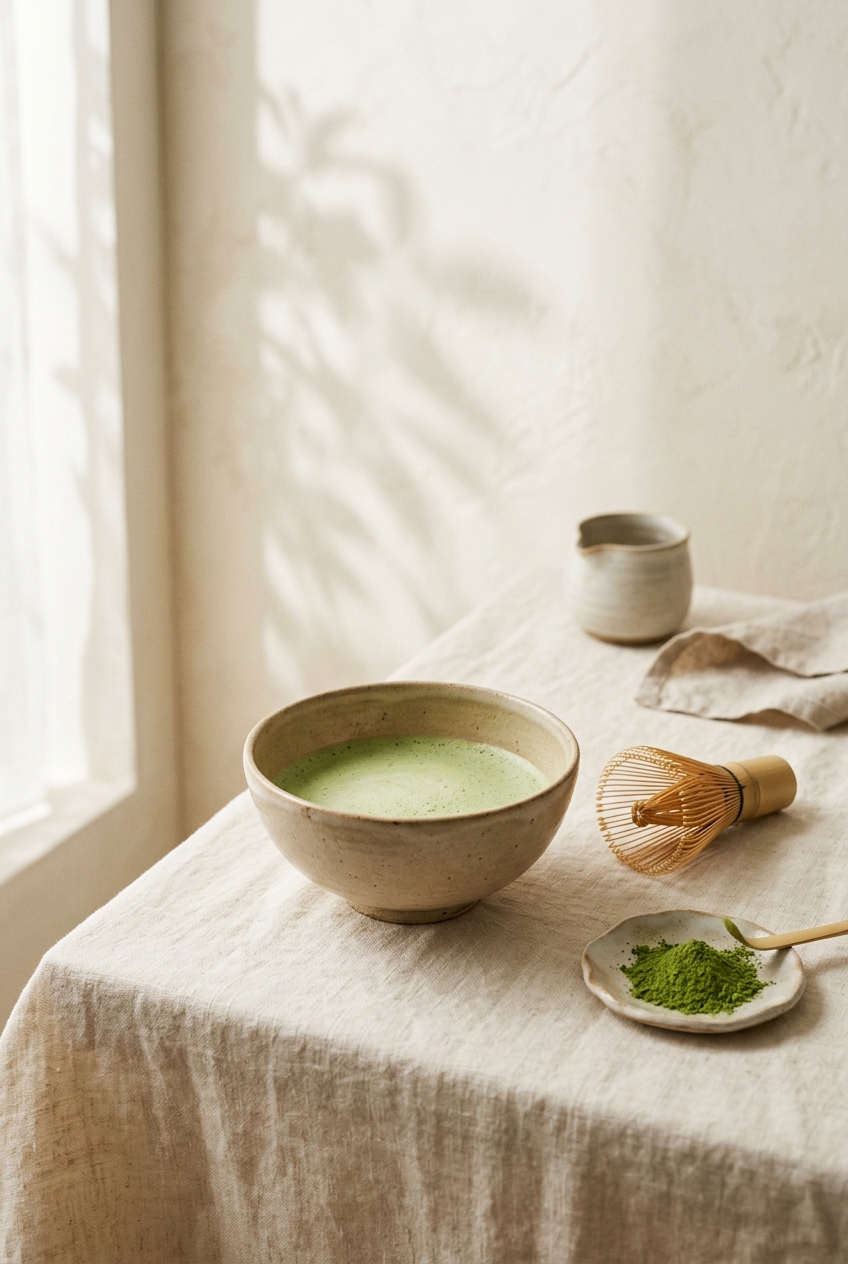 A ceramic bowl of freshly whisked matcha with a bamboo whisk