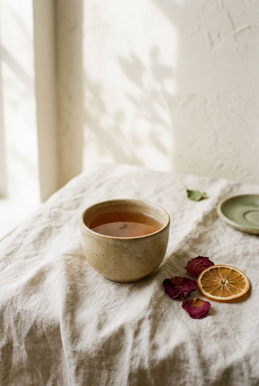 A ceramic cup of amber tea on warm linen with dried rose petals