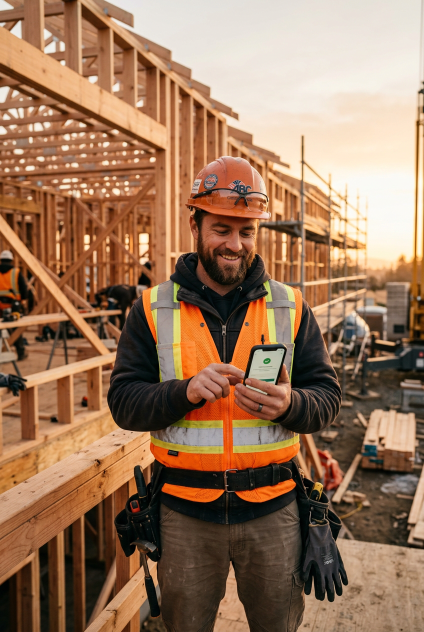Worker accepting a booking request on his phone at a job site