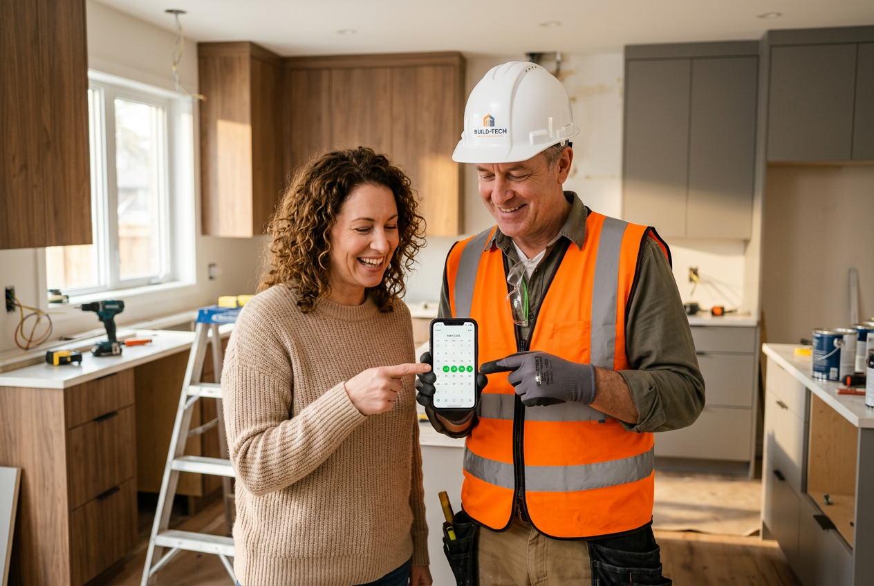 Contractor showing a homeowner his availability calendar on a phone