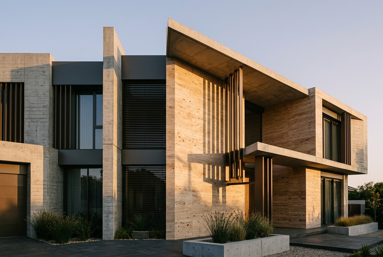 Contemporary travertine and concrete architecture at golden hour