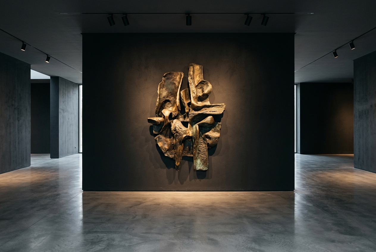 Minimalist art gallery with bronze sculptural artwork