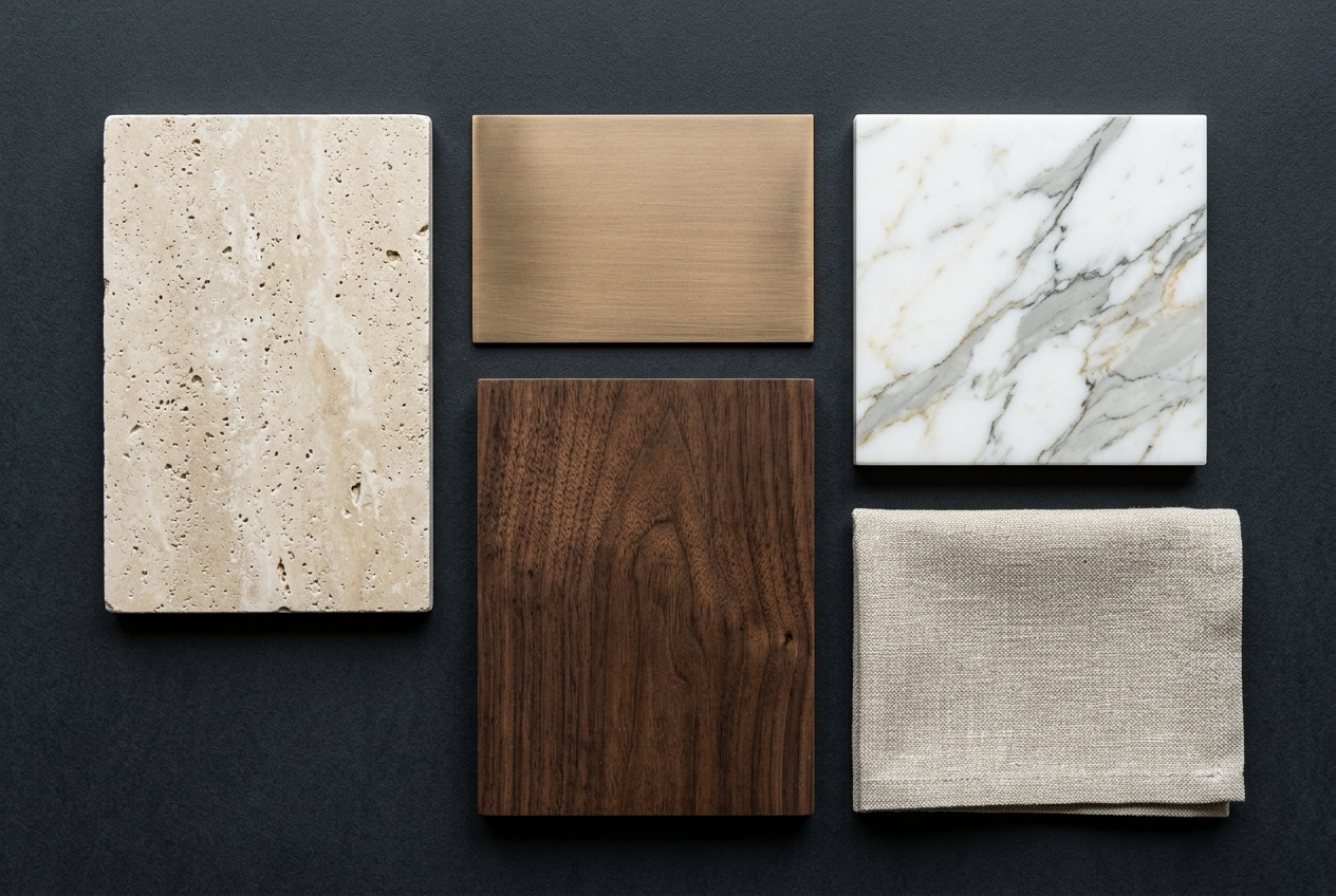 Curated material samples: travertine, bronze, walnut, marble and linen