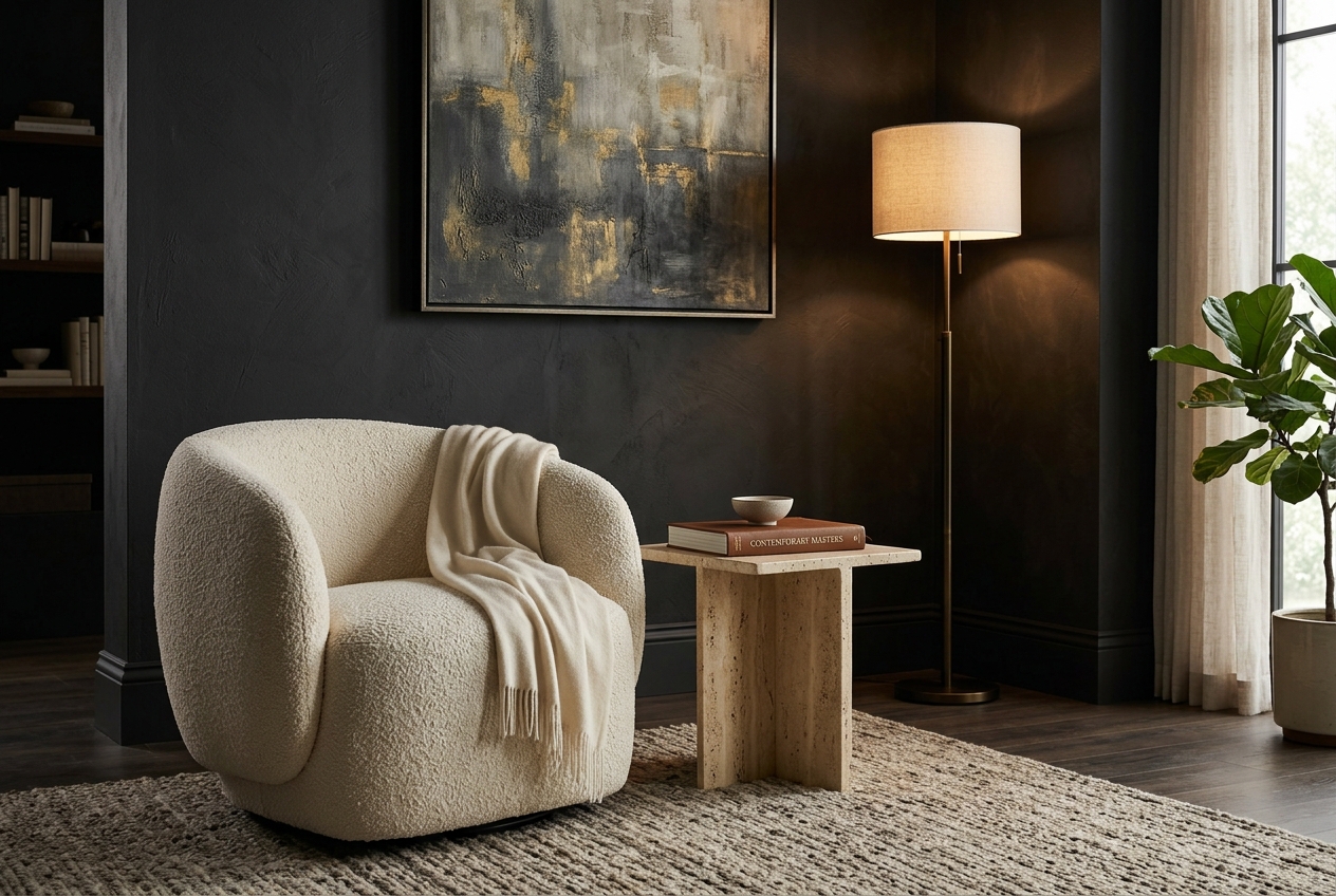 Luxury interior with sculptural bouclé armchair and bronze lighting