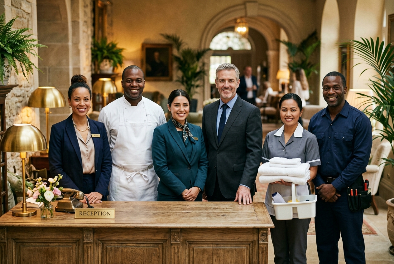 A hotel's full team — front desk, chef, concierge, housekeeping and engineering — together in the lobby
