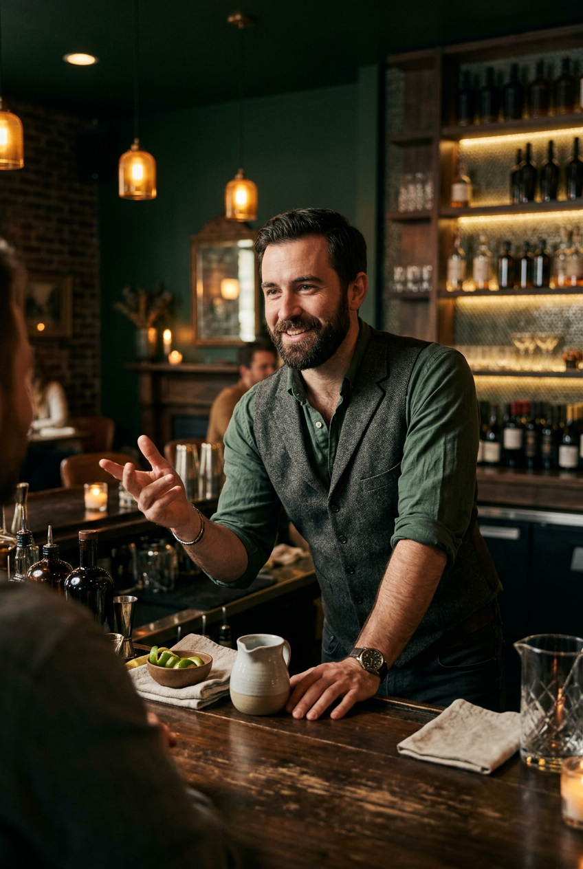 Hotel bartender sharing a local tip with a guest