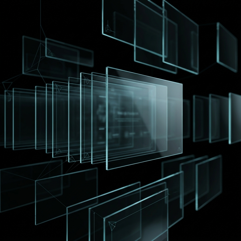 Spatial Test 003 — translucent glass interface panels arranged in three-dimensional depth