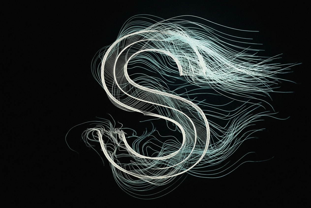 KEPLER LOOM concept — a generative letterform dissolving into wind-driven filaments