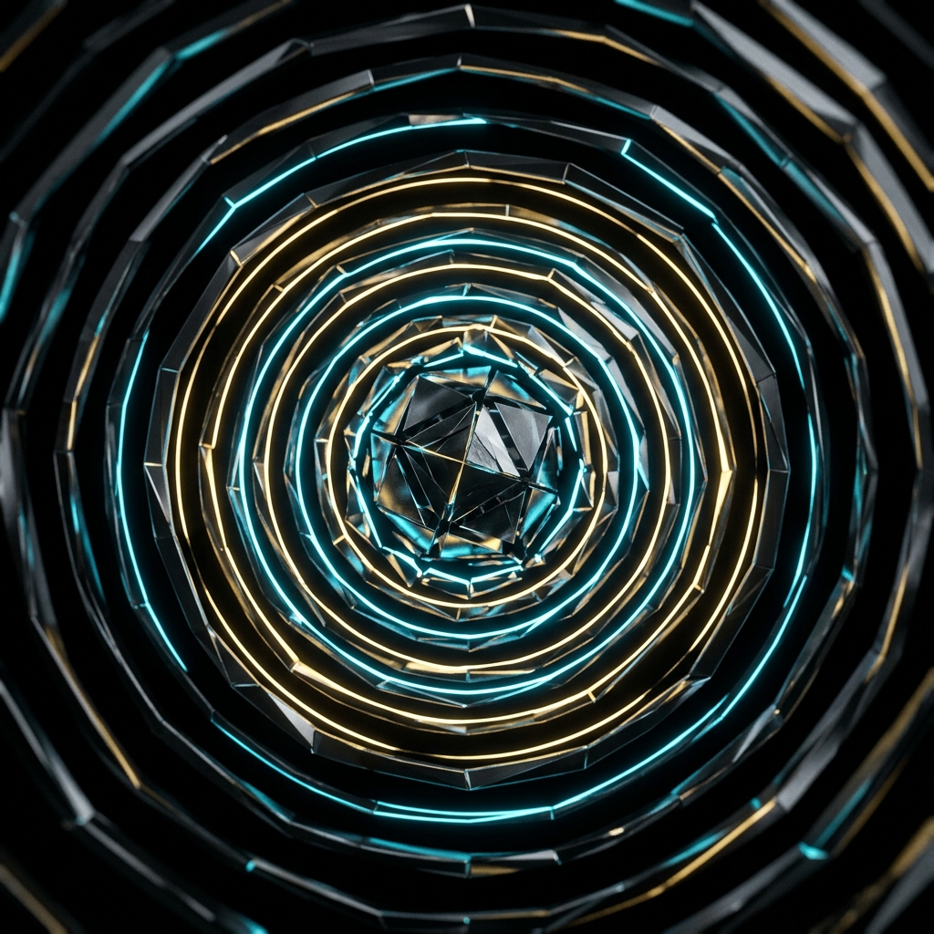 Audio-Reactive Geometry 005 — faceted chrome form fractured into expanding concentric emissive rings