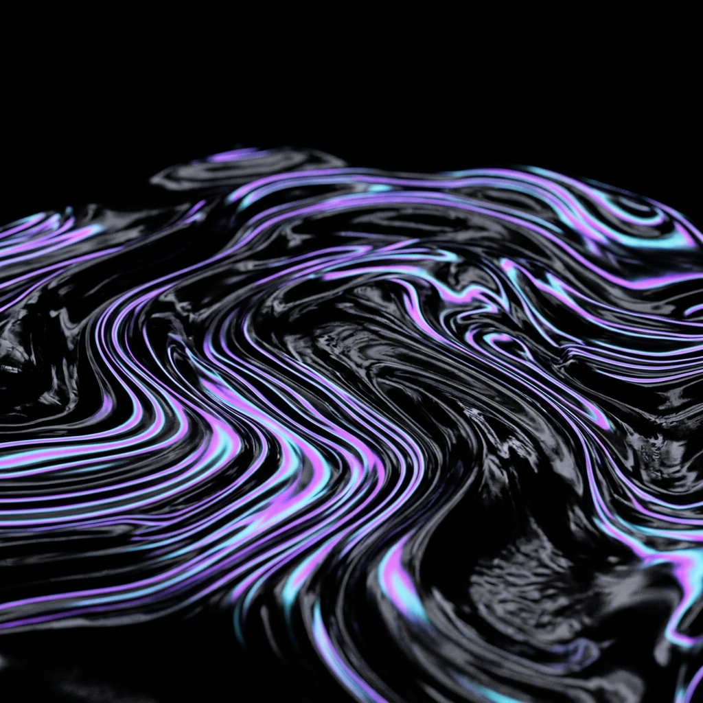 Shader Study 001 — iridescent black liquid metal surface with violet and cyan interference fringes