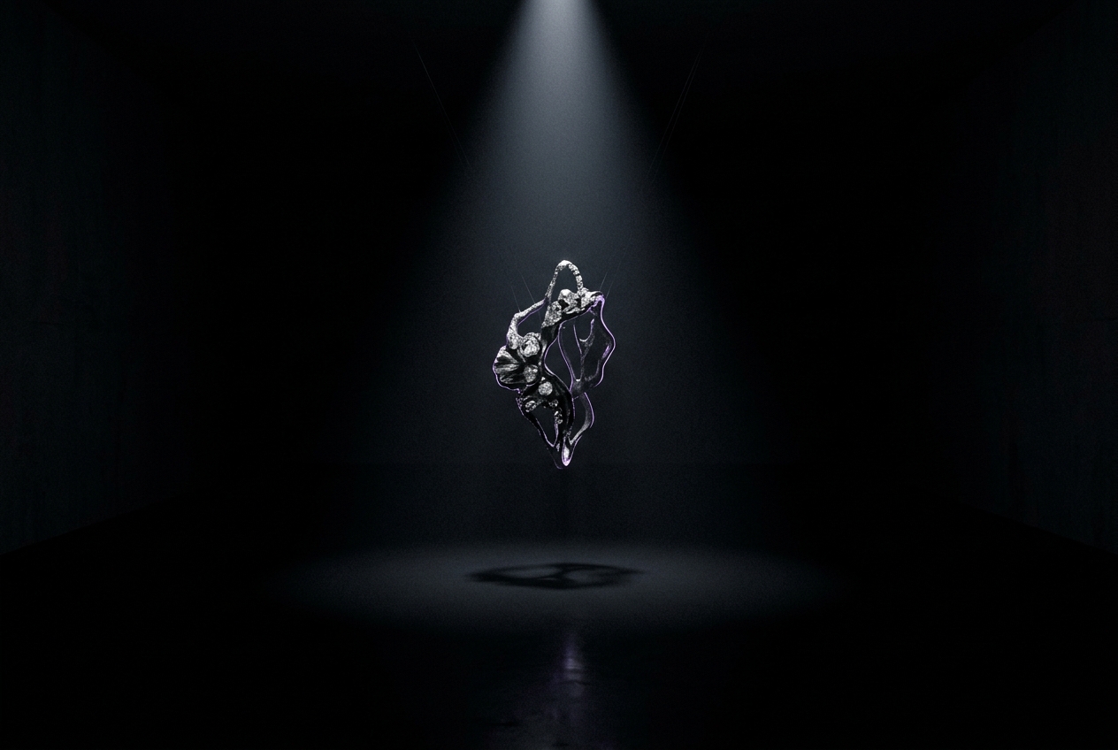 VANTABLACK ATRIUM concept — a jewellery piece suspended in an isolated pool of light inside a dark browser gallery