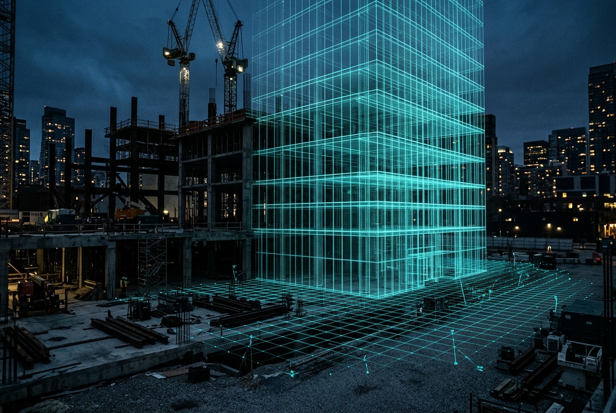 MERIDIAN GLASS concept — a translucent wireframe building volume overlaid on an unfinished construction site