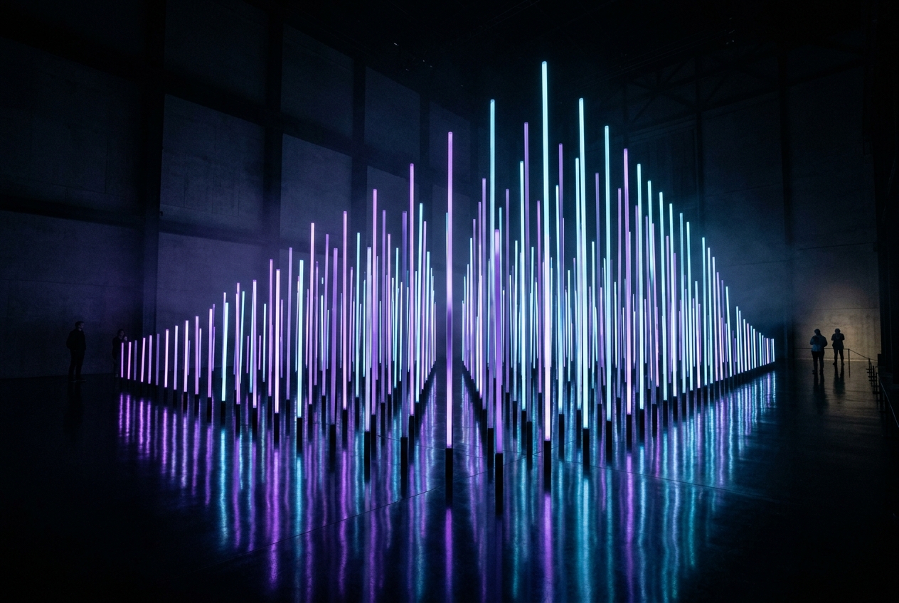 SIGNAL CHOIR concept — tall glowing vertical light columns of varying height rising from a dark reflective plane