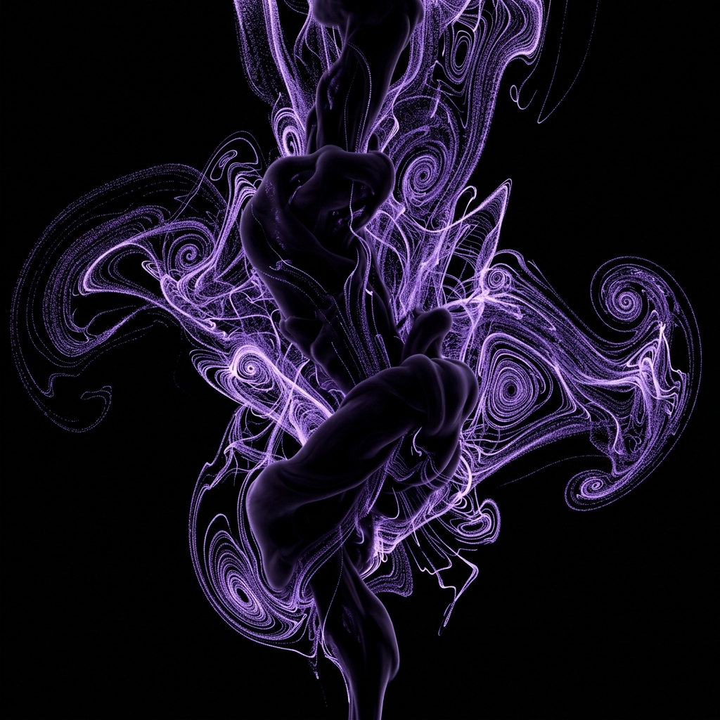 Fluid System 004 — violet ink plume unfurling through black liquid with particle vortex sheets