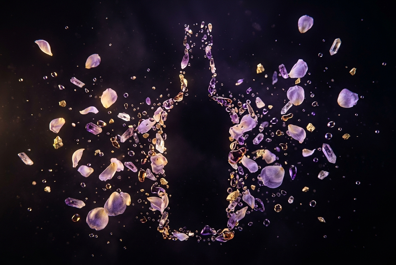 HALCYON BLOOM concept — petals, minerals and fluid forming the silhouette of a bottle that is never shown