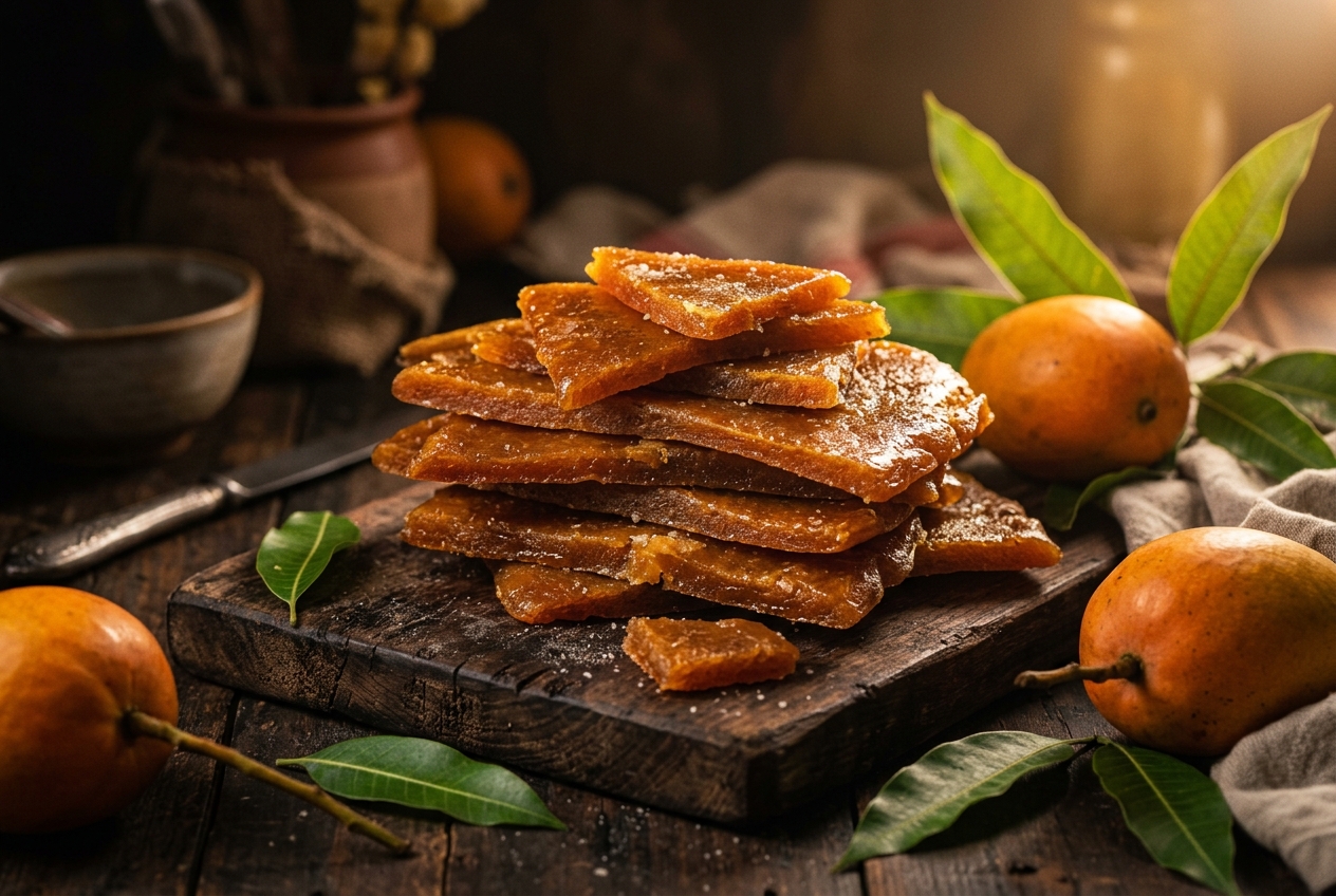 Traditional mango leather and fresh mangoes