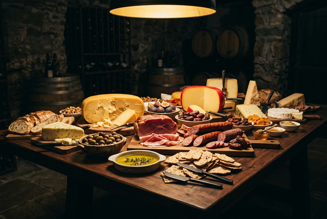 A wholesale spread of European cheese, smoked meats and pantry goods under warm light