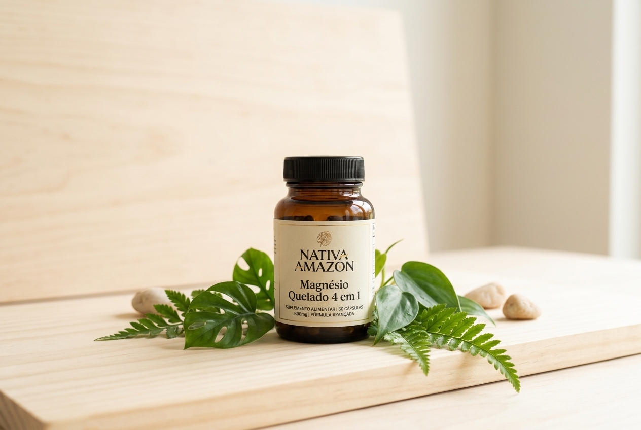 Frasco Nativa Amazon sobre madeira clara com folhas