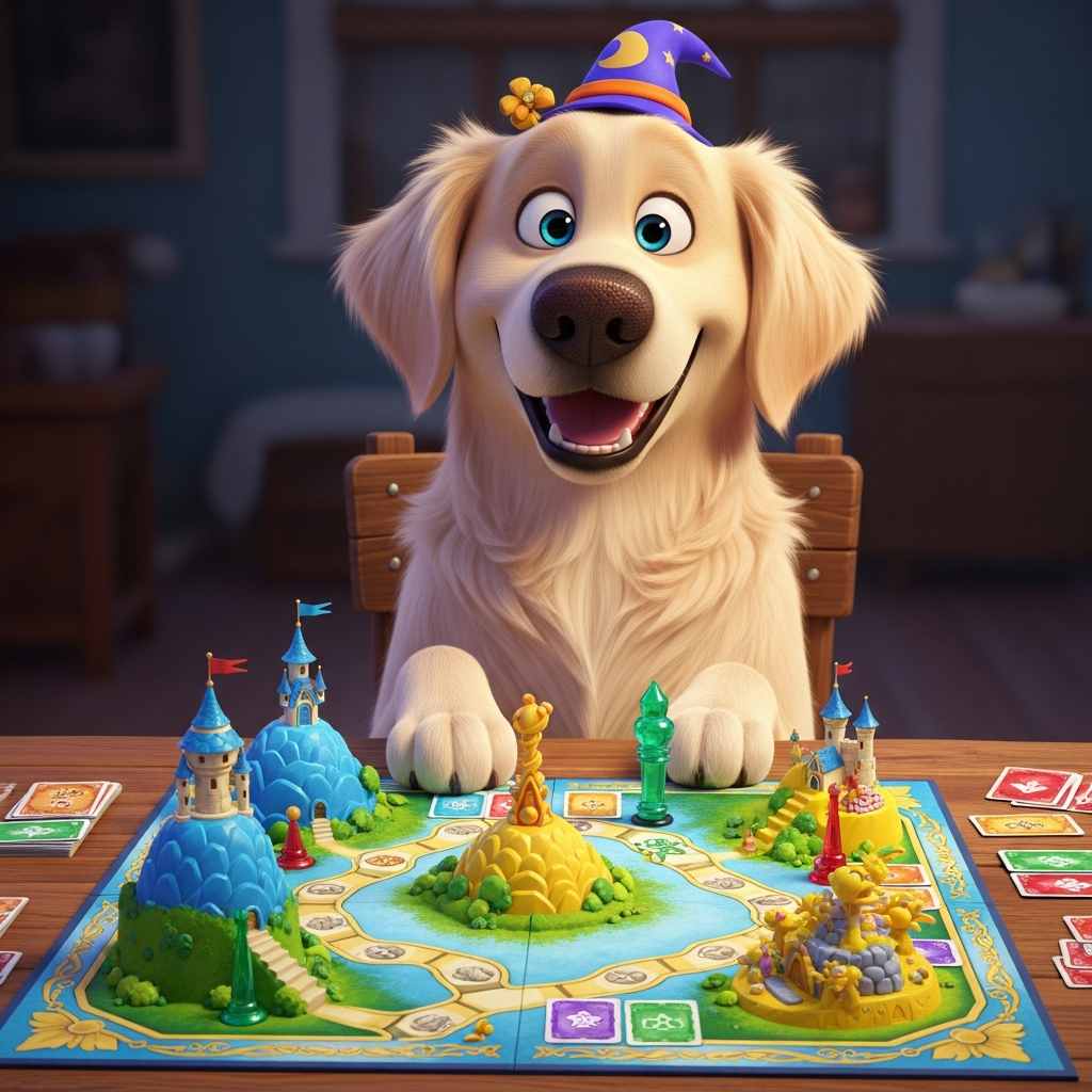OBI il golden retriever che gioca a un gioco da tavolo