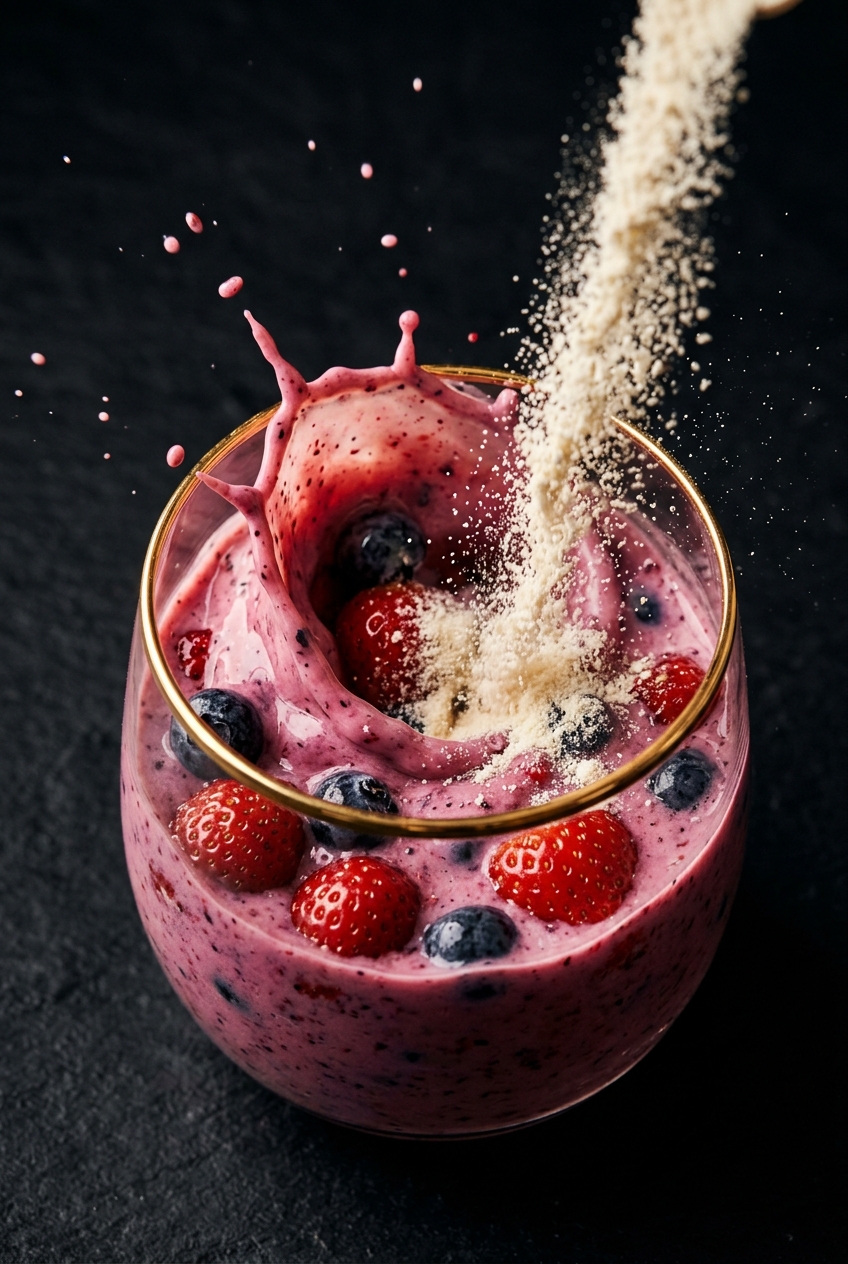 Protein powder mixing into a fresh berry smoothie