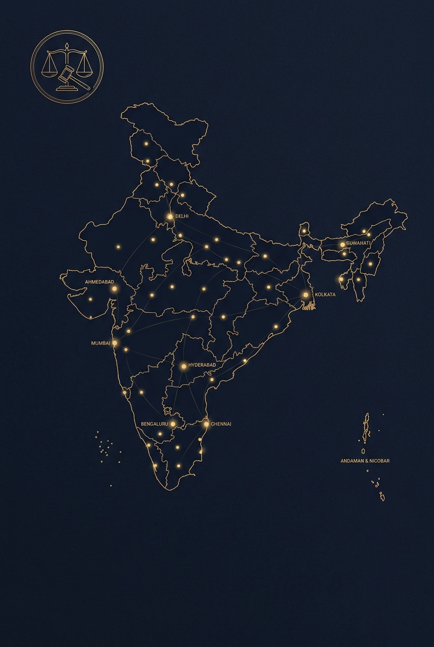 Map of India with major districts marked, under the emblem of arbitration