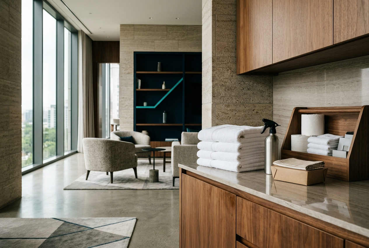 Modern hospitality facility with representative housekeeping and service supplies