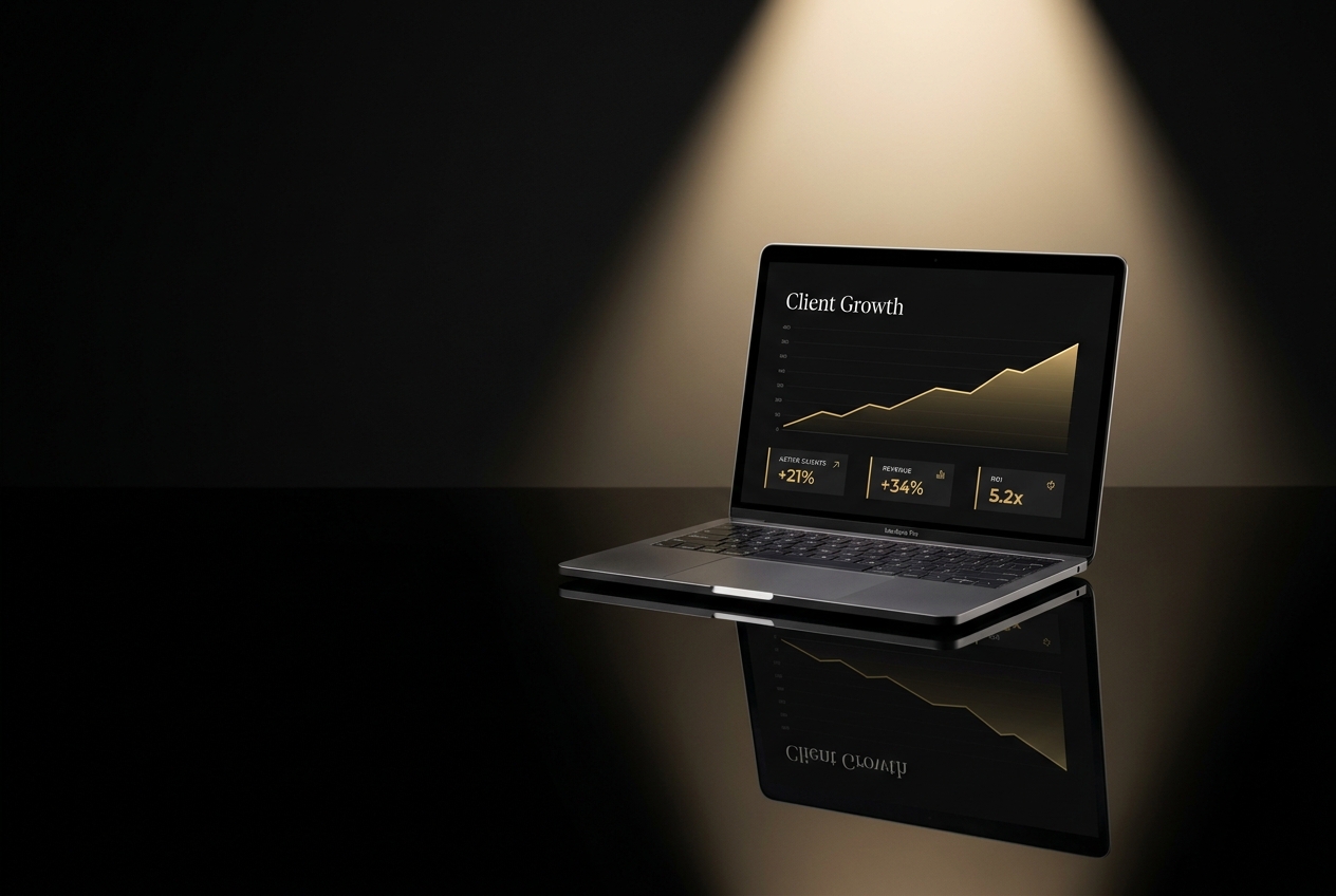 Black MacBook showing a client growth dashboard