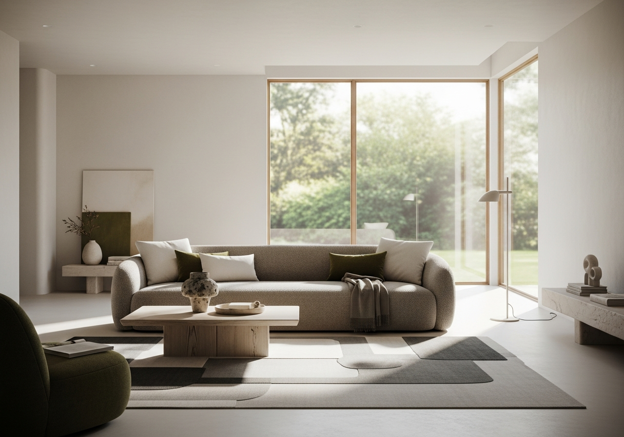 Premium minimalist living room with organic modern sofa