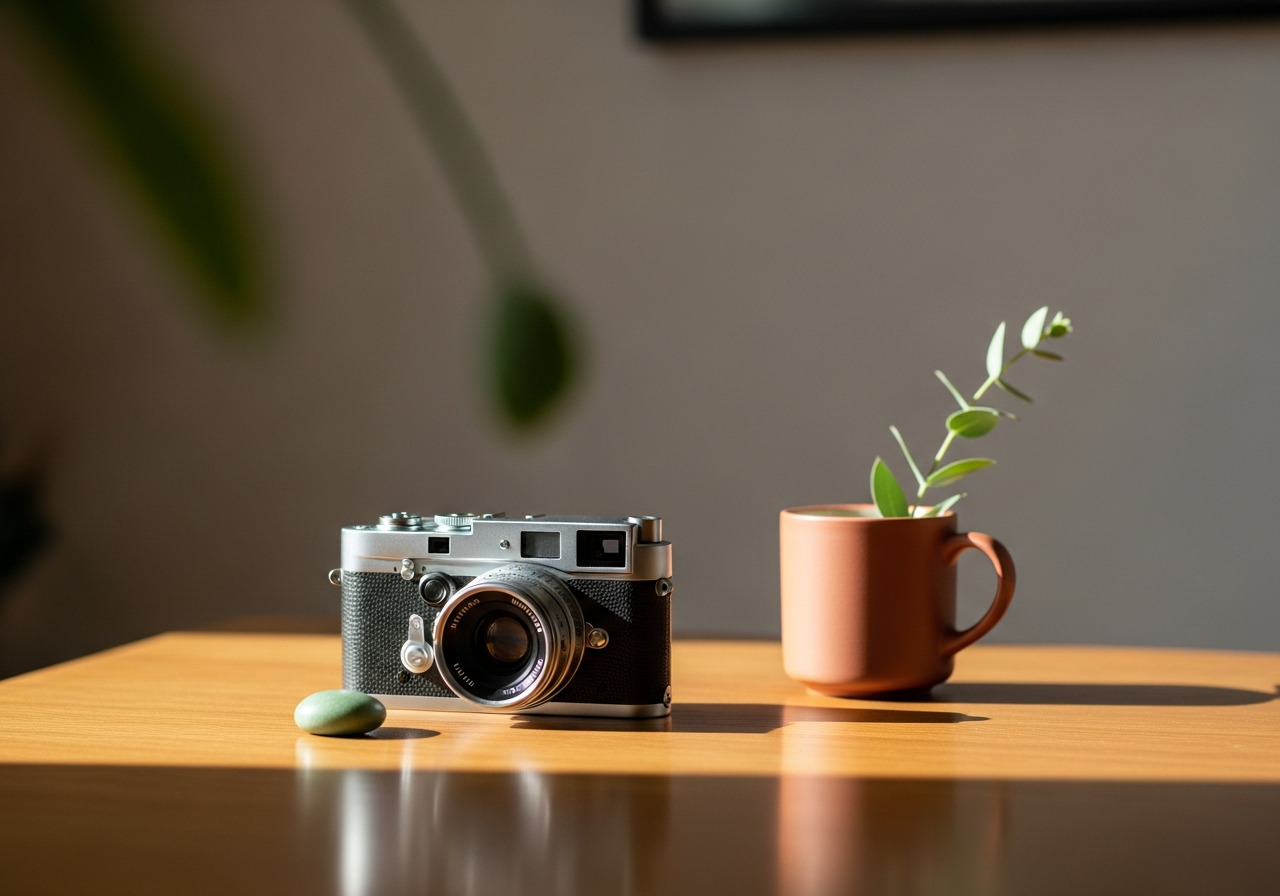 A vintage film camera resting on a wooden table
