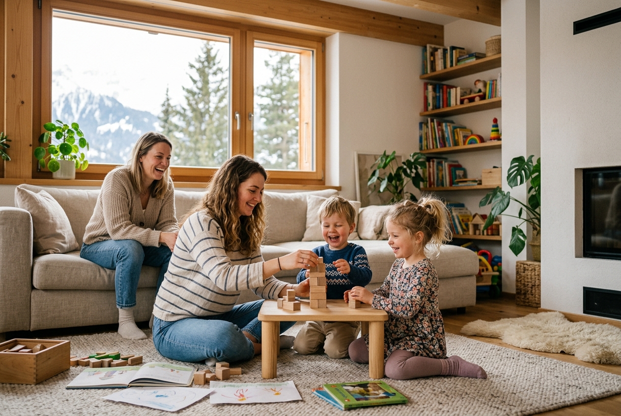 Familie mit Nanny zu Hause in der Schweiz