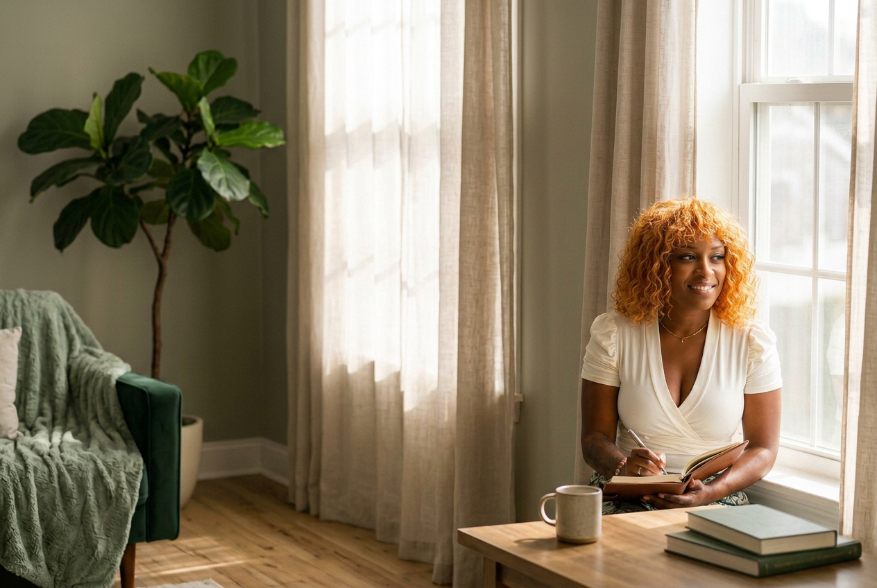 Felicia Martin, Founder, HEARD Community, seated by a sunlit window with her journal