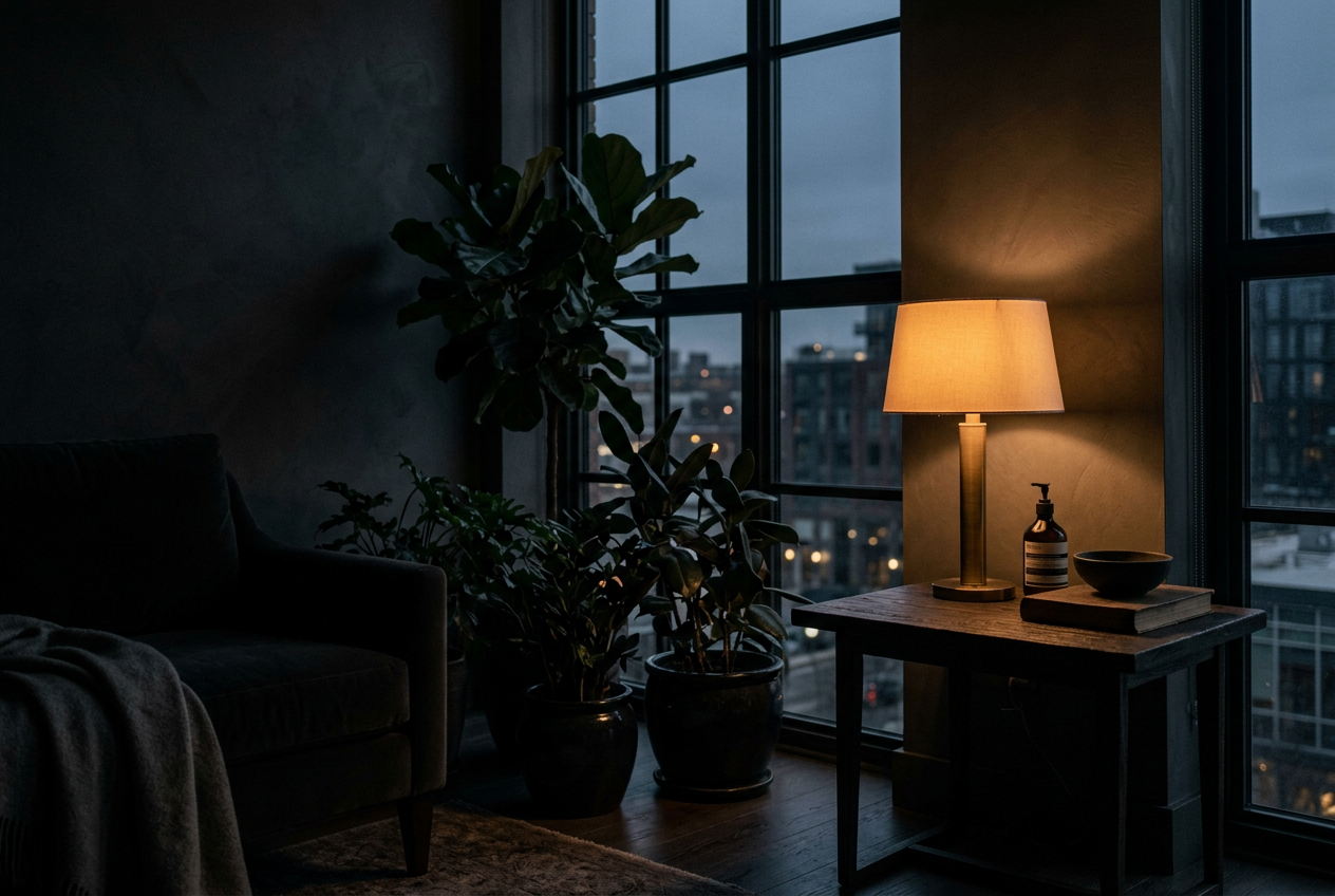 A dim, warm-lit interior at dusk