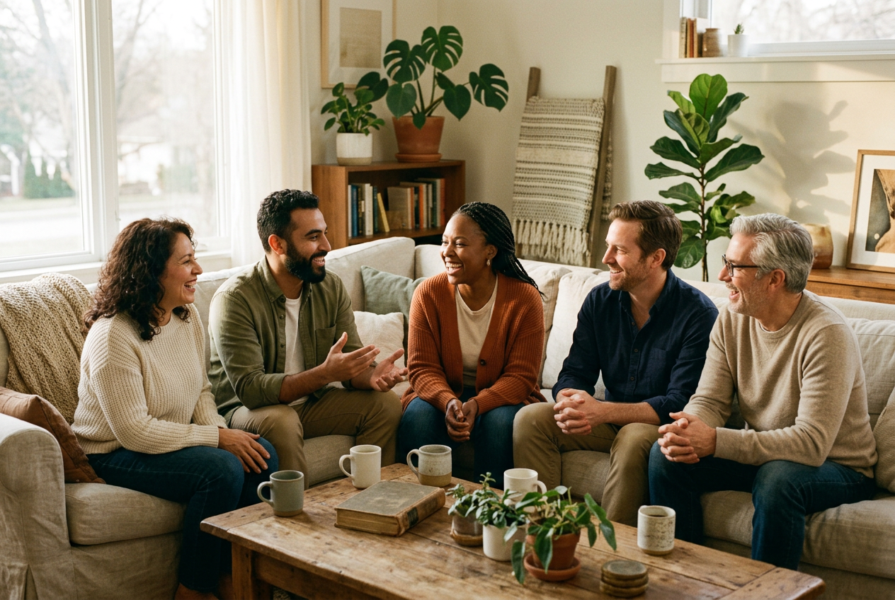 A diverse group of people together in warm conversation