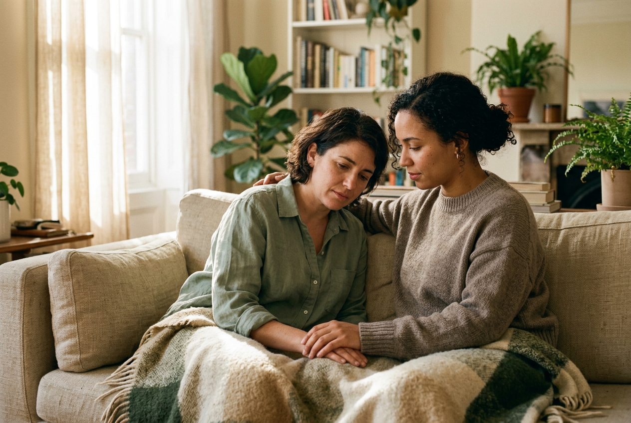 Two people sharing a quiet, supportive moment on a sofa