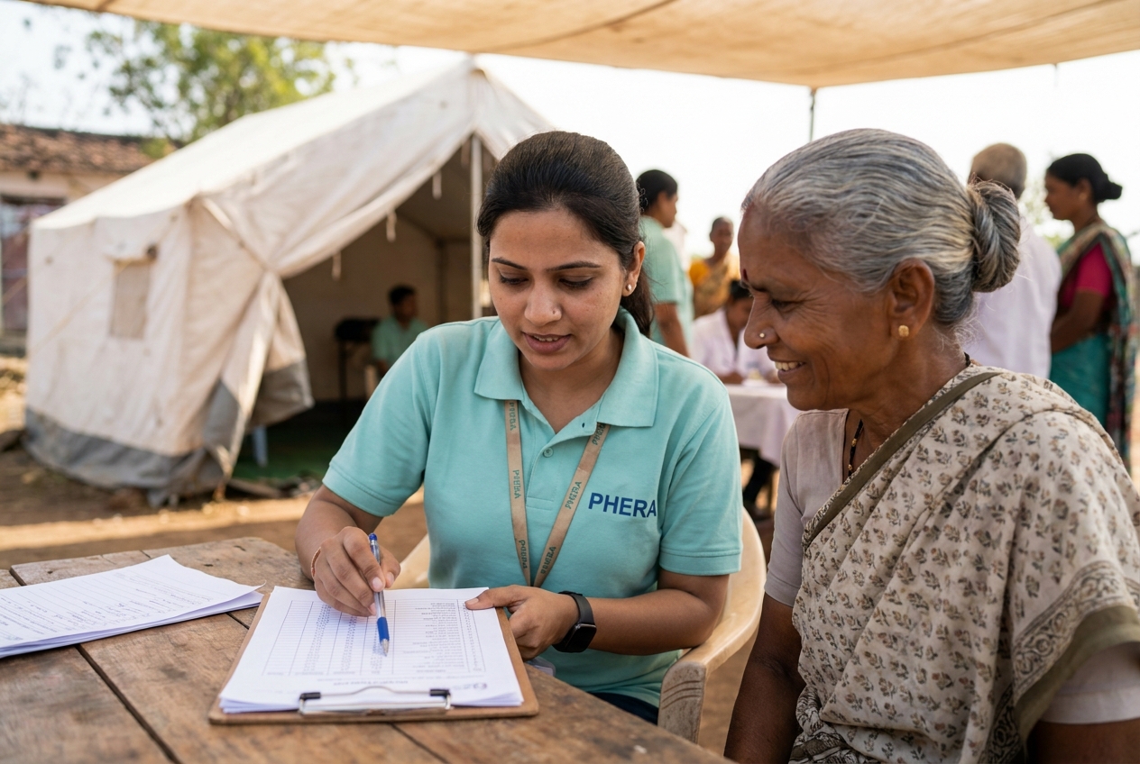 Researcher reviewing community health data in the field