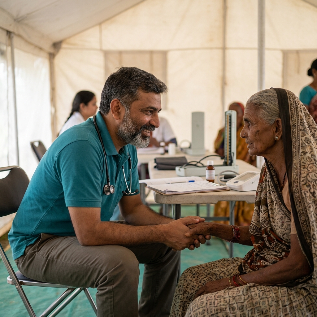 Doctor examining a patient at a free medical camp