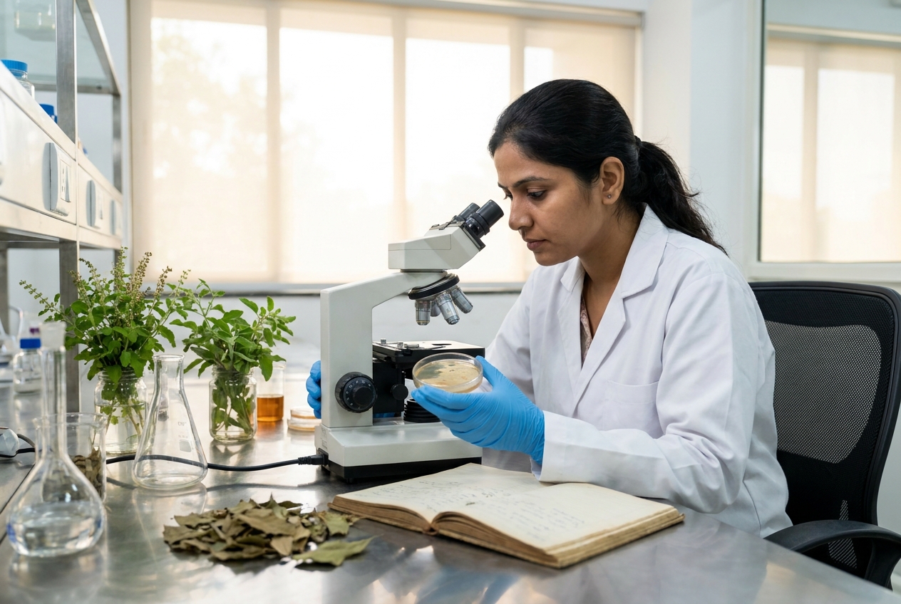 Ayurvedic herbal medicine review in a lab