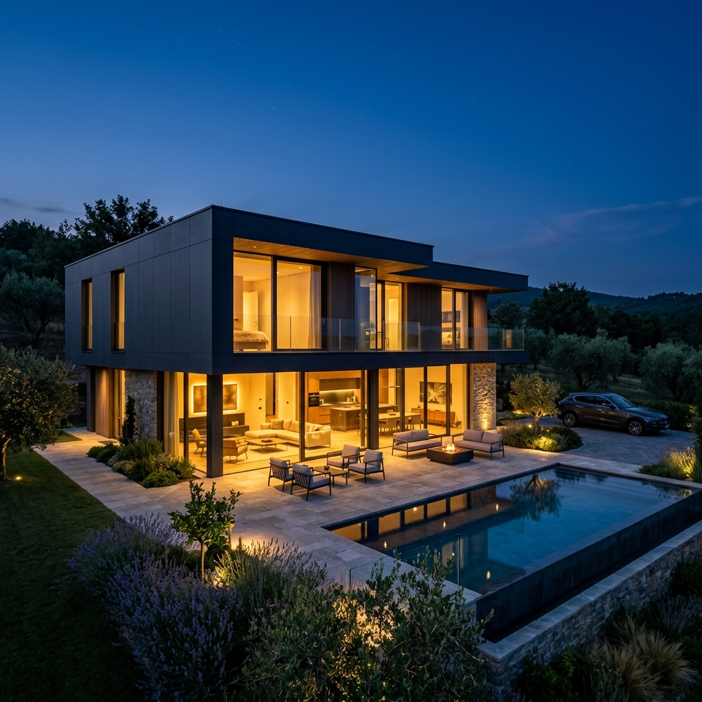 Villa moderna costruita da M.D. Service al crepuscolo
