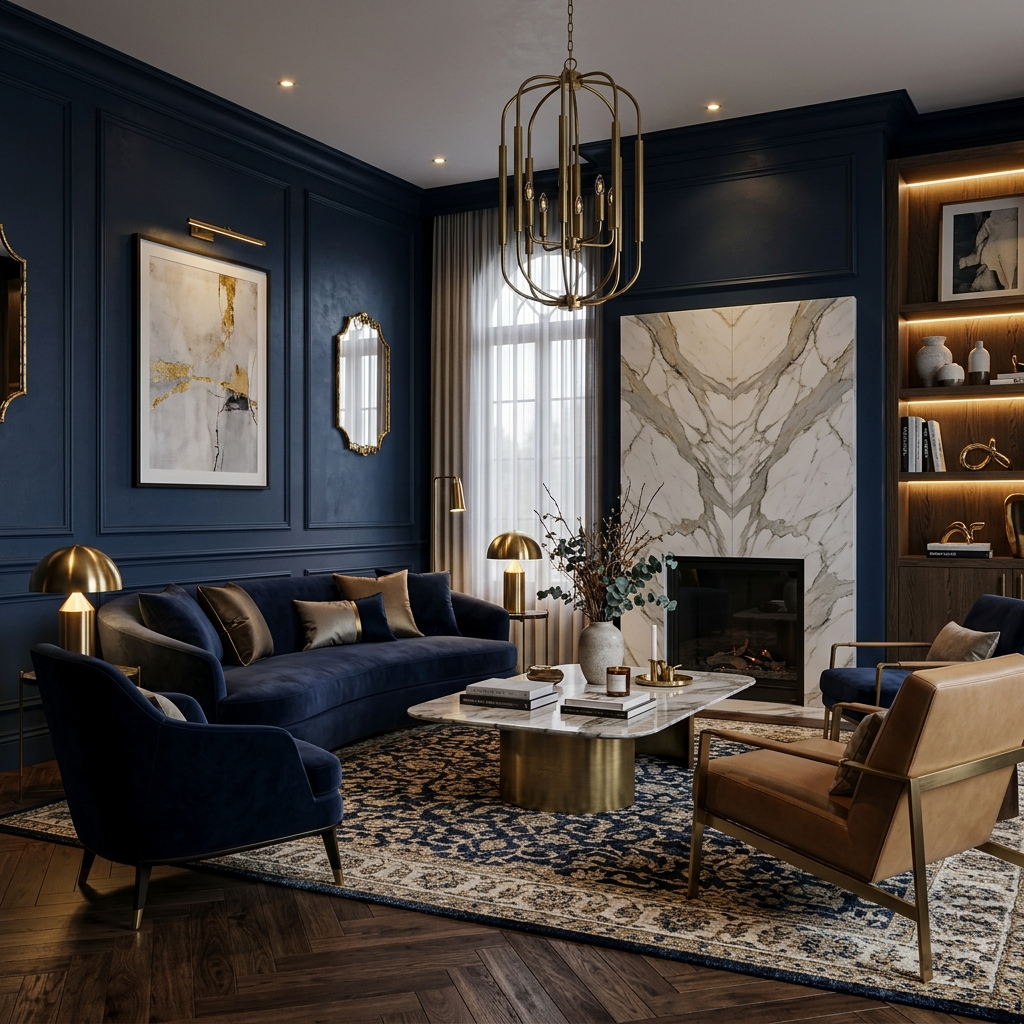 Interno di lusso ristrutturato con pareti blu notte e ottone