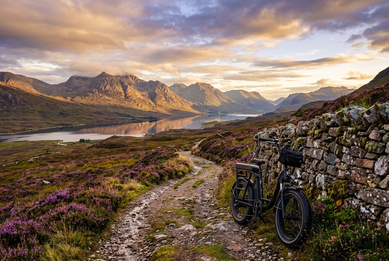 A black electric bicycle leaning against a dry stone wall above a Scottish loch at sunset, heather in bloom along a gravel path.