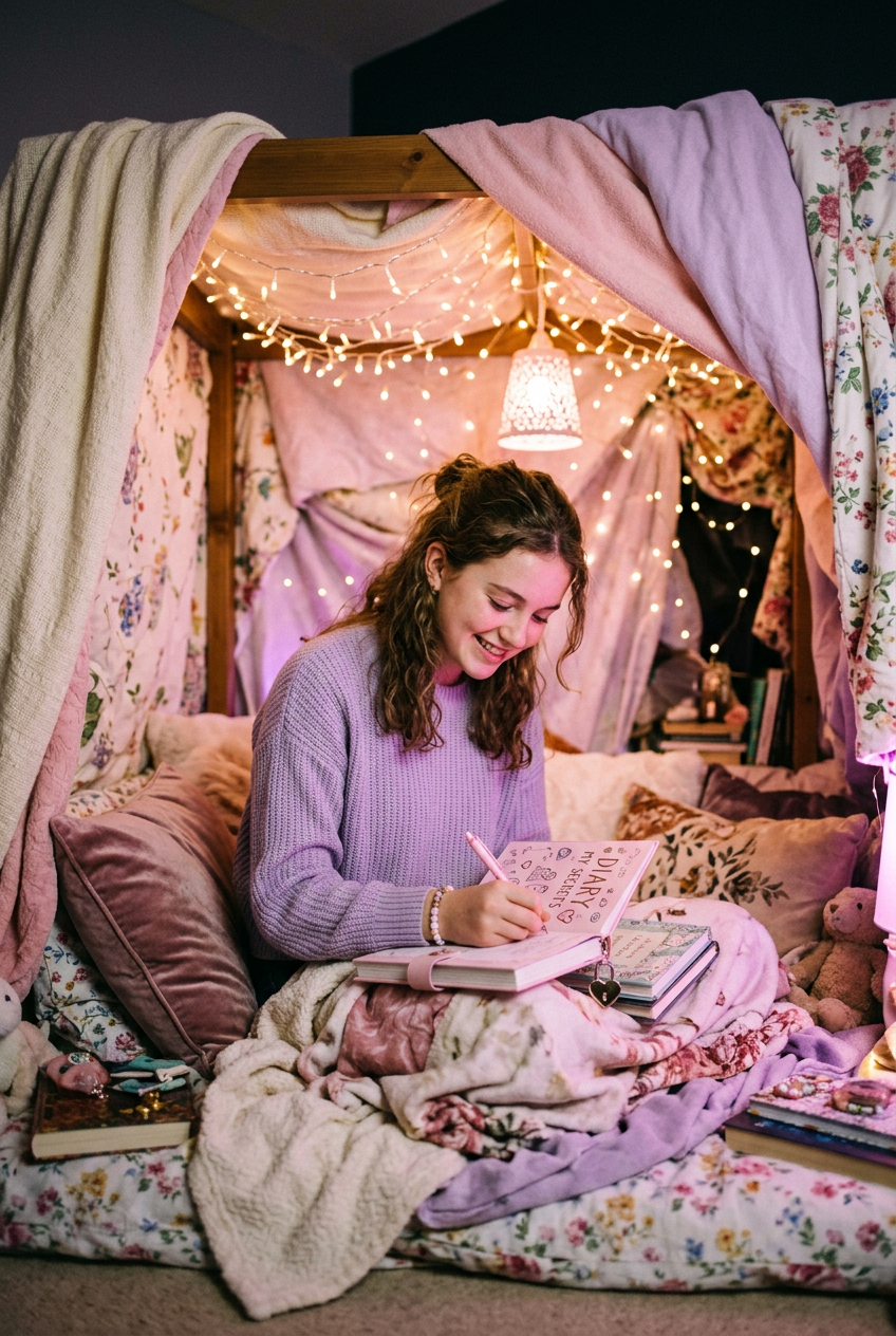 Teenage girl writing her diary in a blanket fort with fairy lights