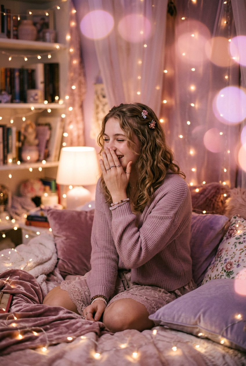 Teenage girl whispering a secret among fairy lights