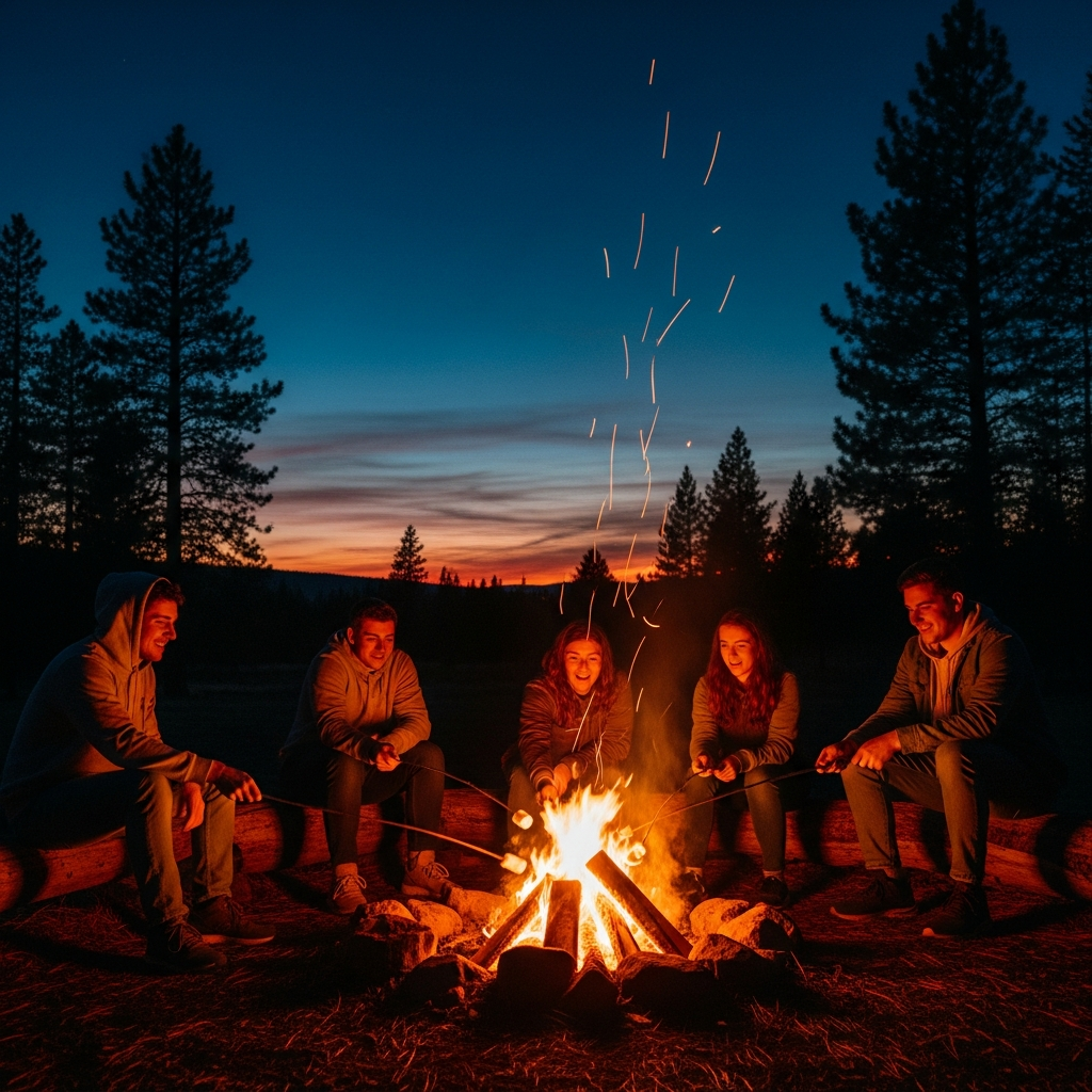 Youth around a campfire at dusk