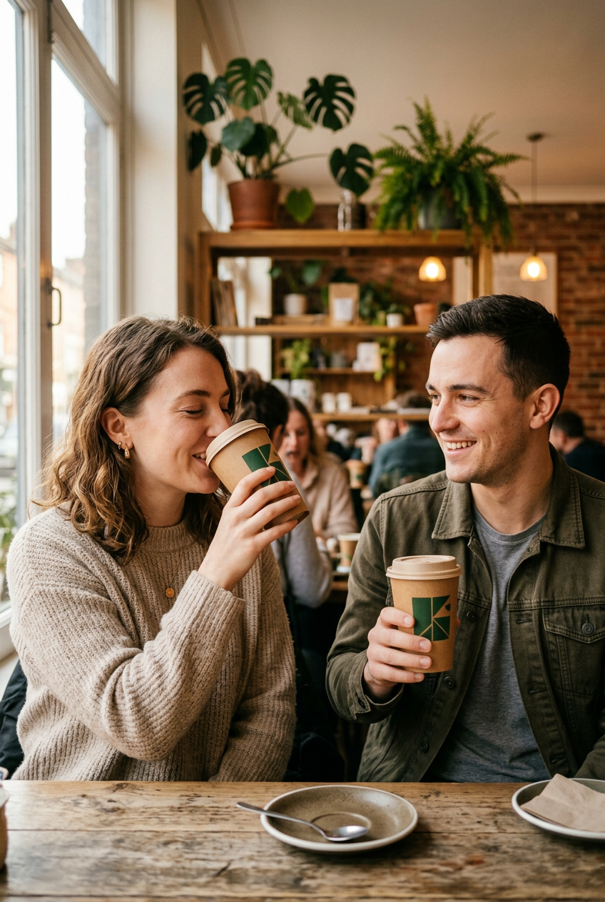 Two people at a cafe table smiling and drinking from custom branded compostable takeaway coffee cups