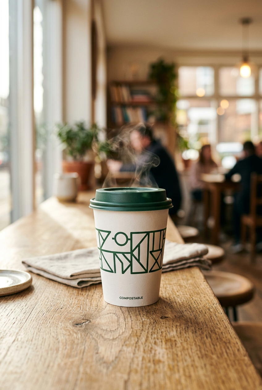 A custom branded compostable takeaway coffee cup with a printed logo, steaming on a cafe counter
