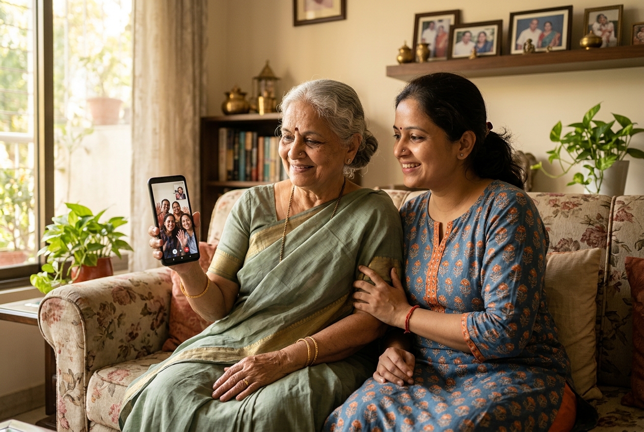 Elderly Indian mother at home with her adult daughter, sharing a warm video call with family