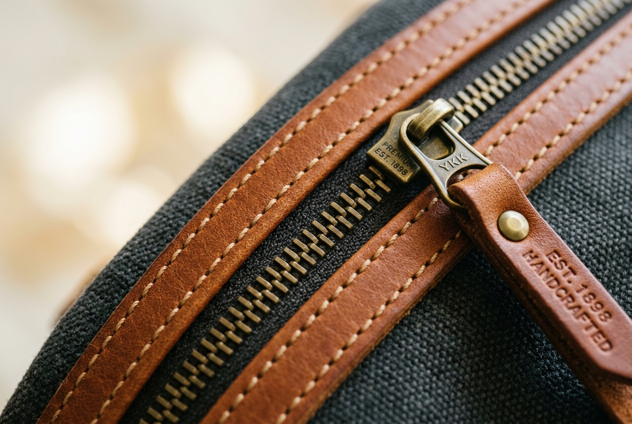 Hand-finished leather trim and zipper detail